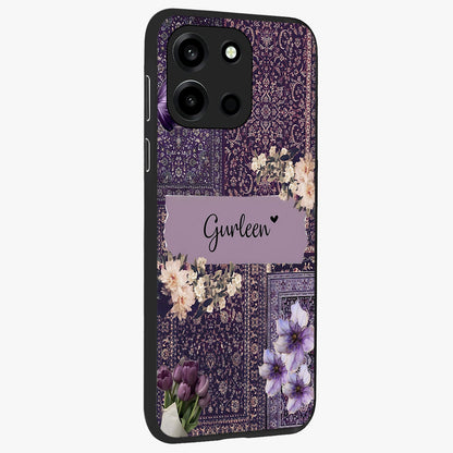 Antique Floral Whisper Custom Name Glass Case upright view showcasing delicate floral artwork with custom name feature.