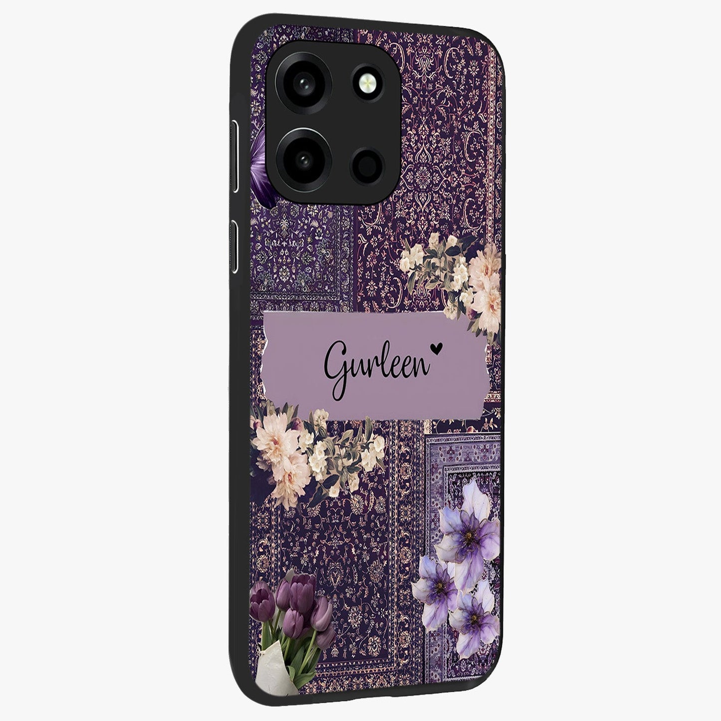 Antique Floral Whisper Custom Name Glass Case upright view showcasing delicate floral artwork with custom name feature.