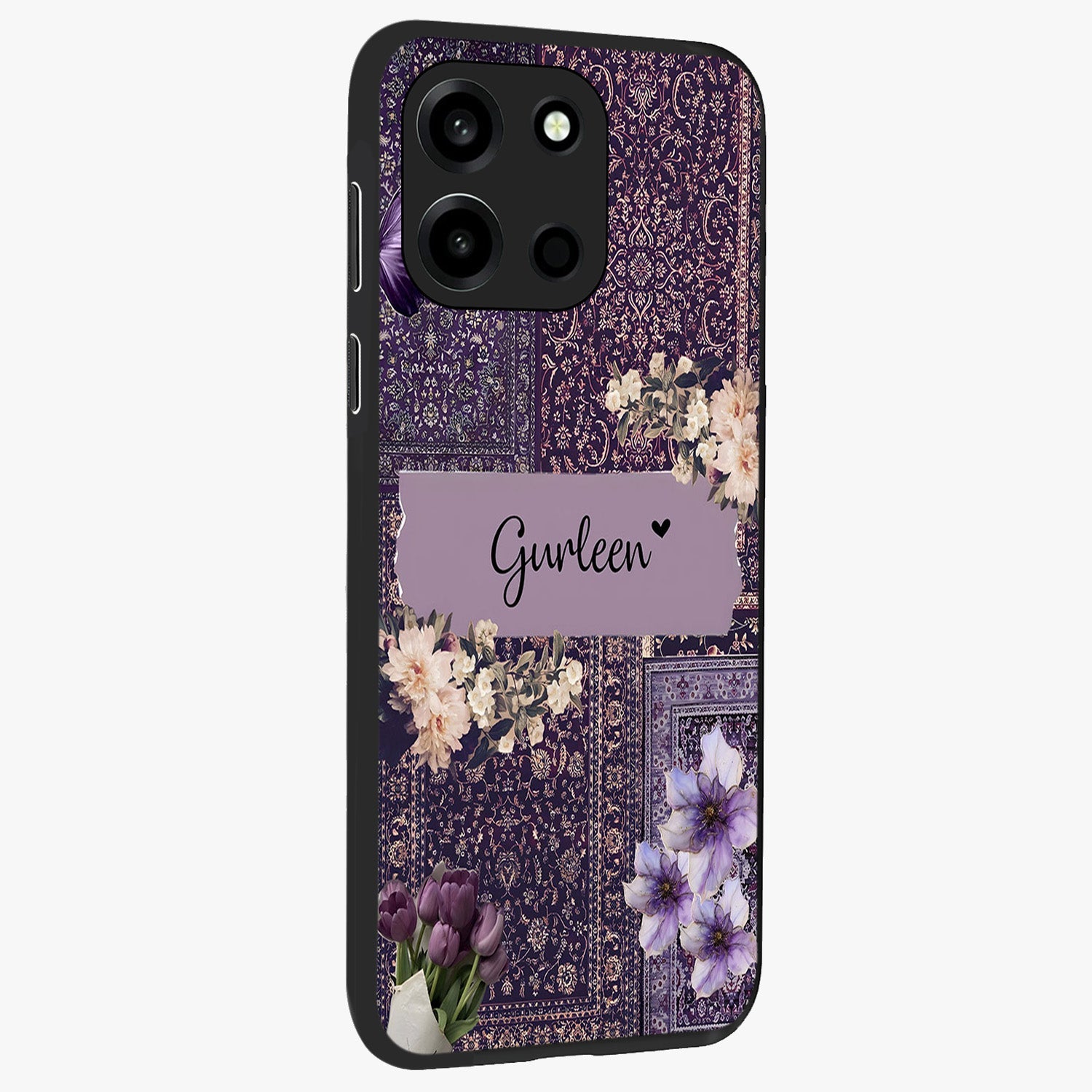 Antique Floral Whisper Custom Name Glass Case upright view showcasing delicate floral artwork with custom name feature.