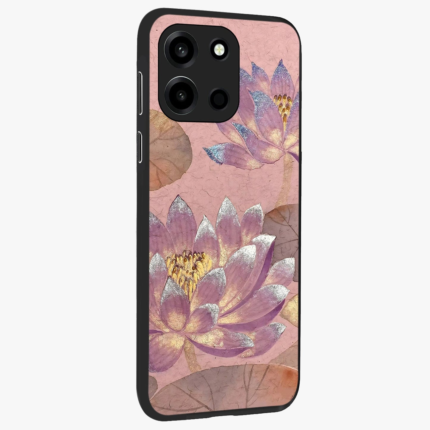 Blossom Mist Lotus Glass Case upright view showcasing graceful lotus flower design with peaceful botanical style.