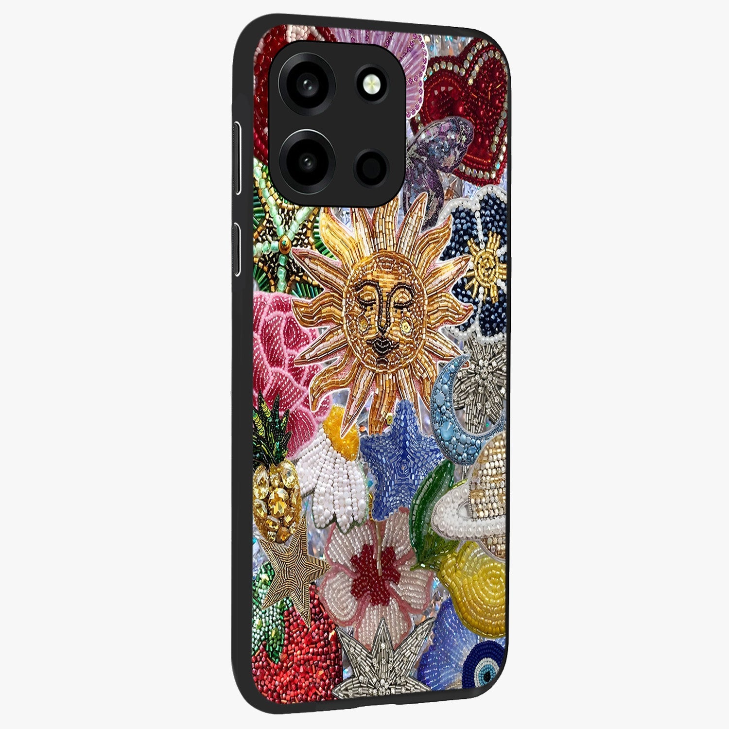 Celestial Floral and Playful Glass Case upright view showcasing whimsical floral artwork with cosmic aesthetic theme.