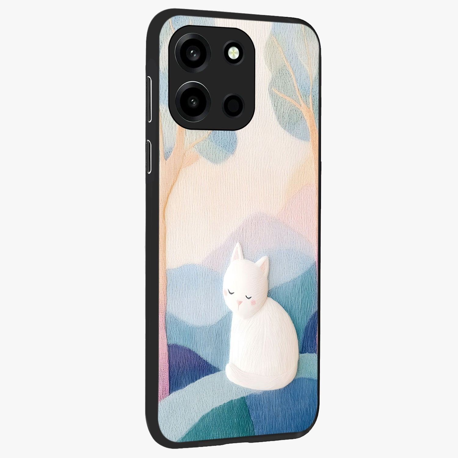 Cotton Dream Cat Glass Case upright view showcasing charming cat artwork with cozy dreamy theme.