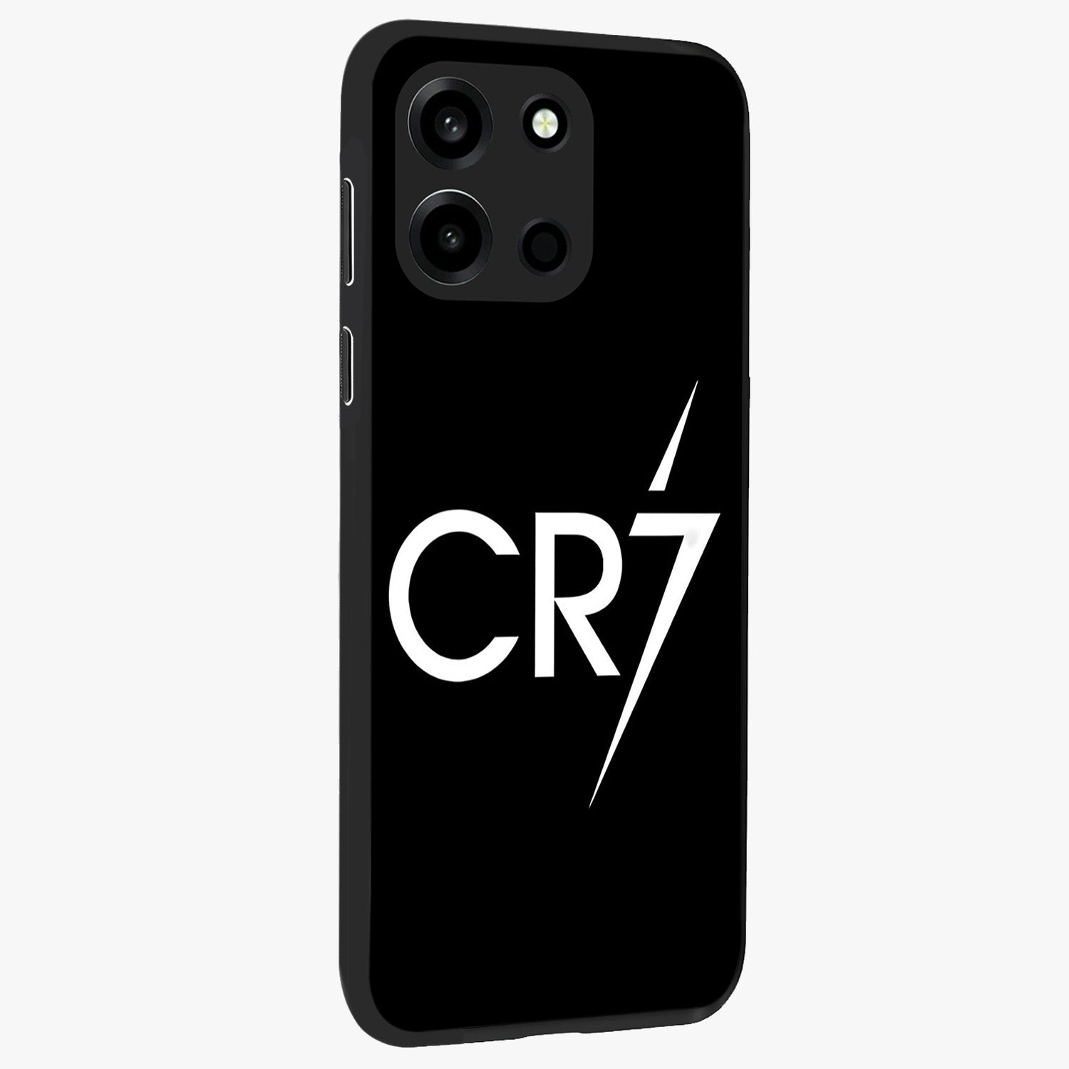 Cr7 Elite Strike Glass Case upright view showcasing energetic football inspired design with modern sports aesthetic.
