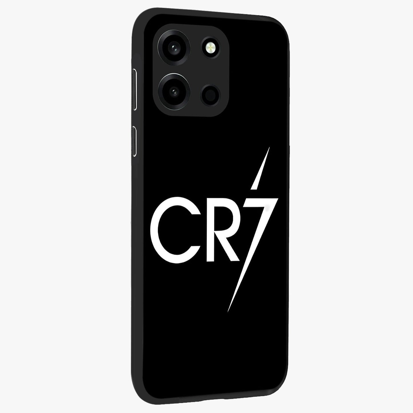 Cr7 Elite Strike Glass Case upright view showcasing energetic football inspired design with modern sports aesthetic.