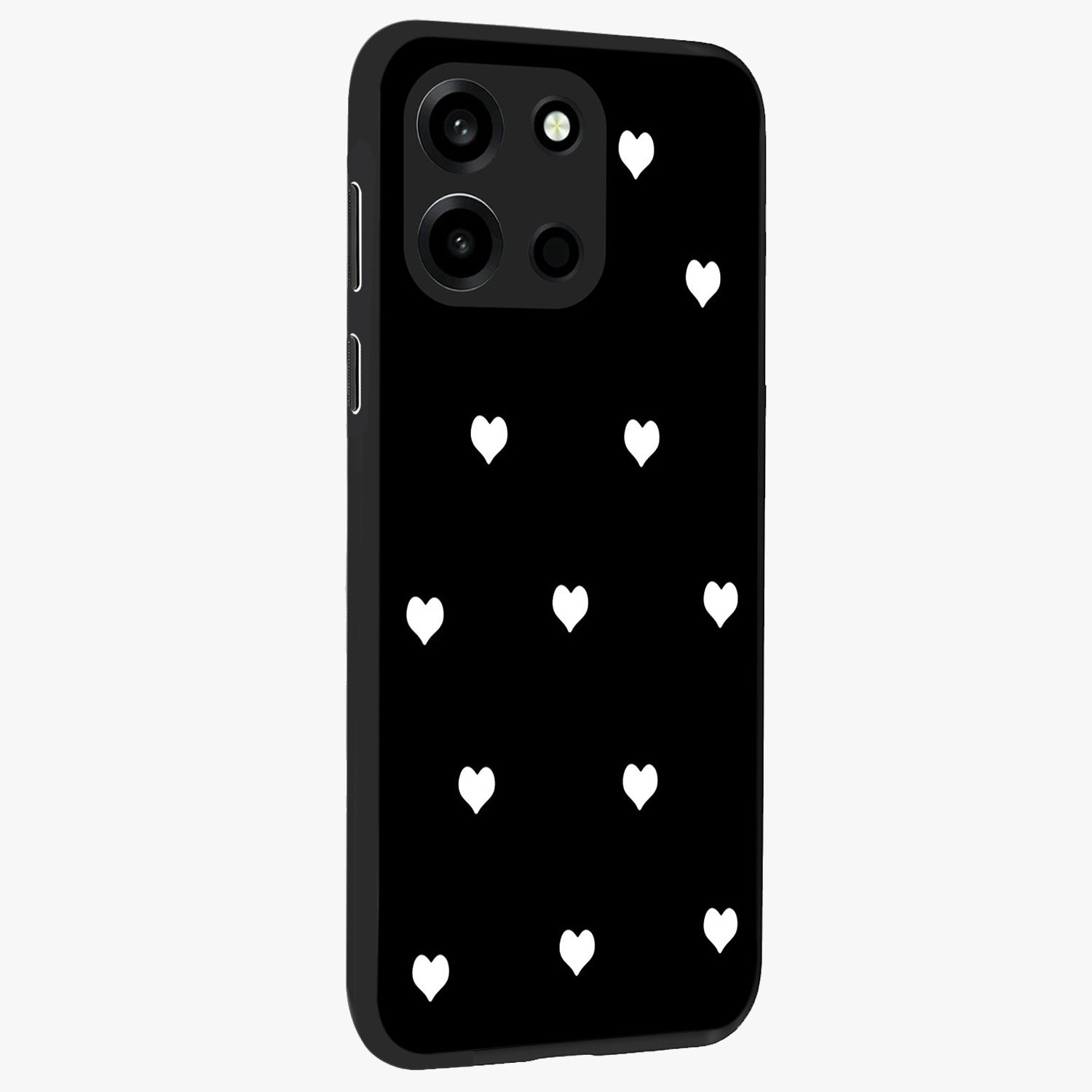 Cute And Simple White Hearts Glass Case upright view showcasing simple white hearts artwork with soft minimal theme.