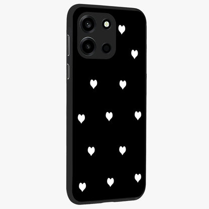 Cute And Simple White Hearts Glass Case upright view showcasing simple white hearts artwork with soft minimal theme.