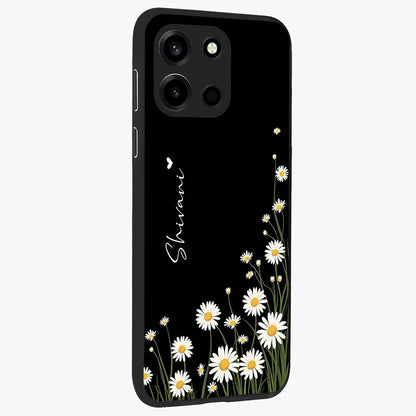 Daisy Cascade Custom Name Glass Case upright view showcasing elegant floral cascade design with personalized aesthetic.