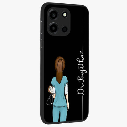 Doctor Pattern Custom Name Glass Case upright view showcasing healthcare themed design with personalized aesthetic.