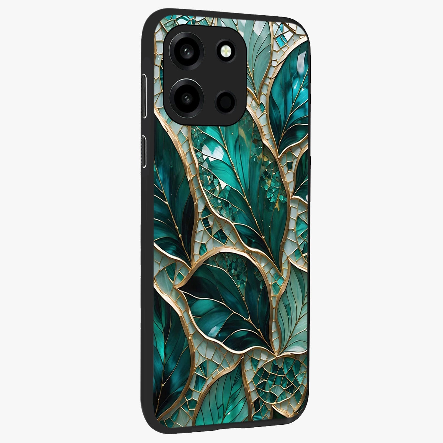 Emerald Leaf Glass Glass Case upright view showcasing fresh green leaf artwork with calming nature inspired style.