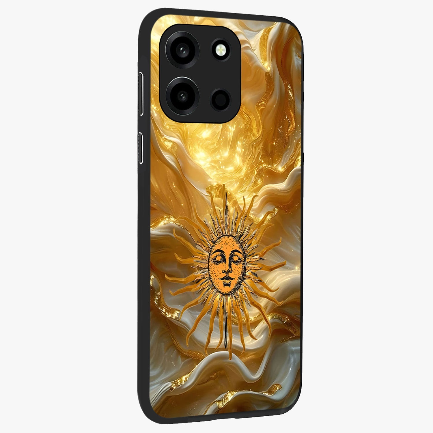 Eternal Golden Glow Glass Case upright view showcasing luminous golden artwork with luxurious visual theme.