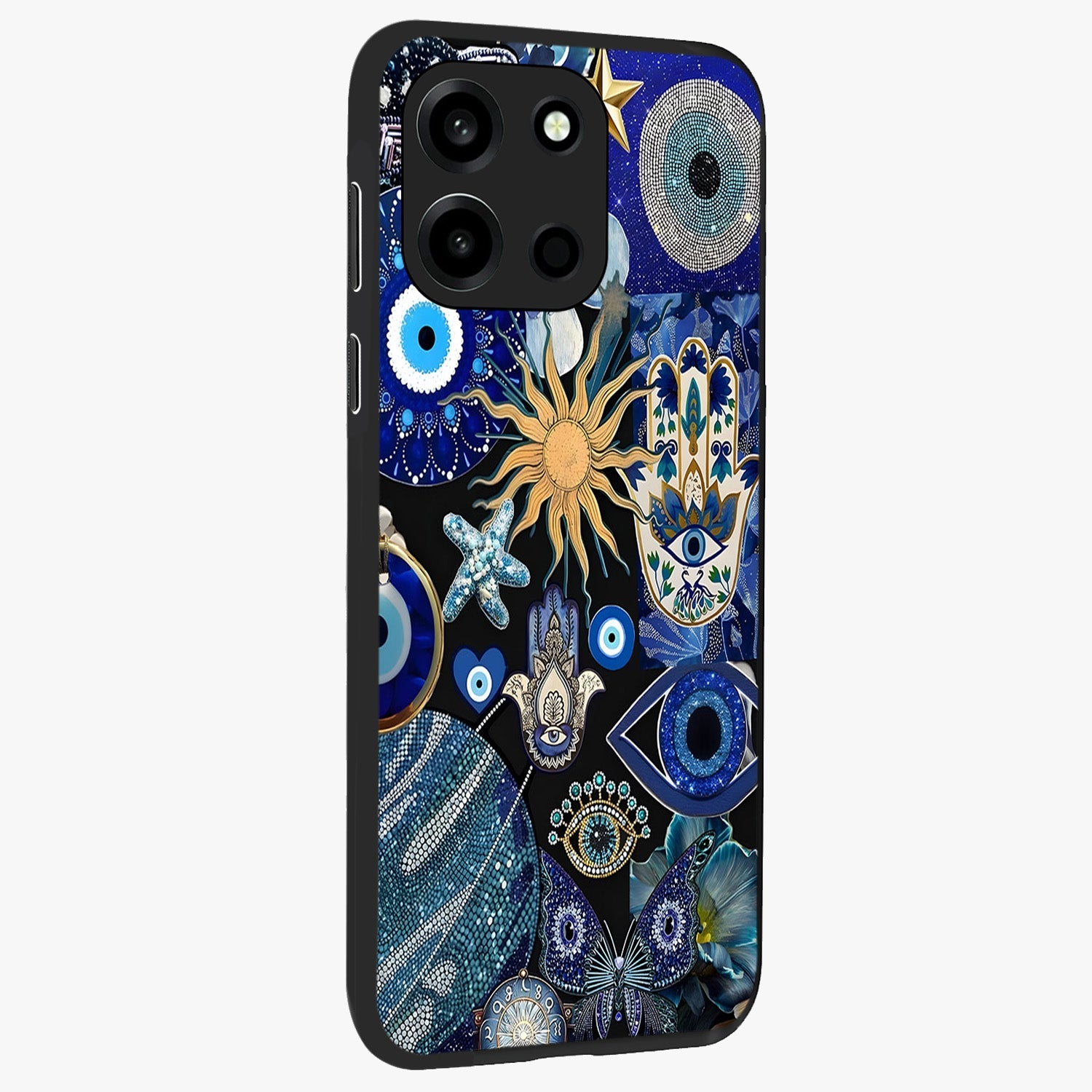Evil Eye Charm Mix Glass Case upright view showcasing mystical evil eye pattern with vibrant decorative style.