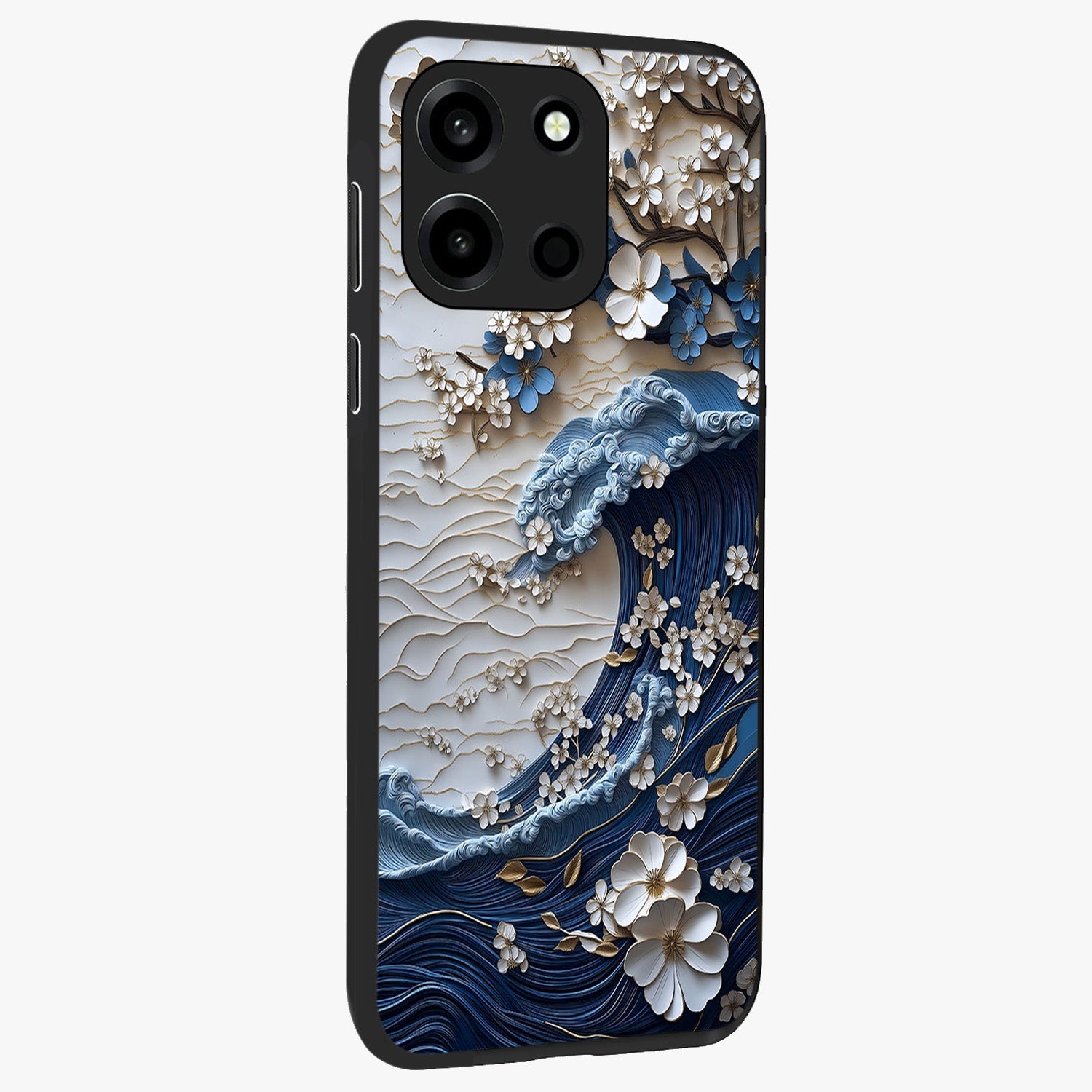 Floral Wave Origami Glass Case upright view showcasing creative floral origami artwork with artistic decorative theme.