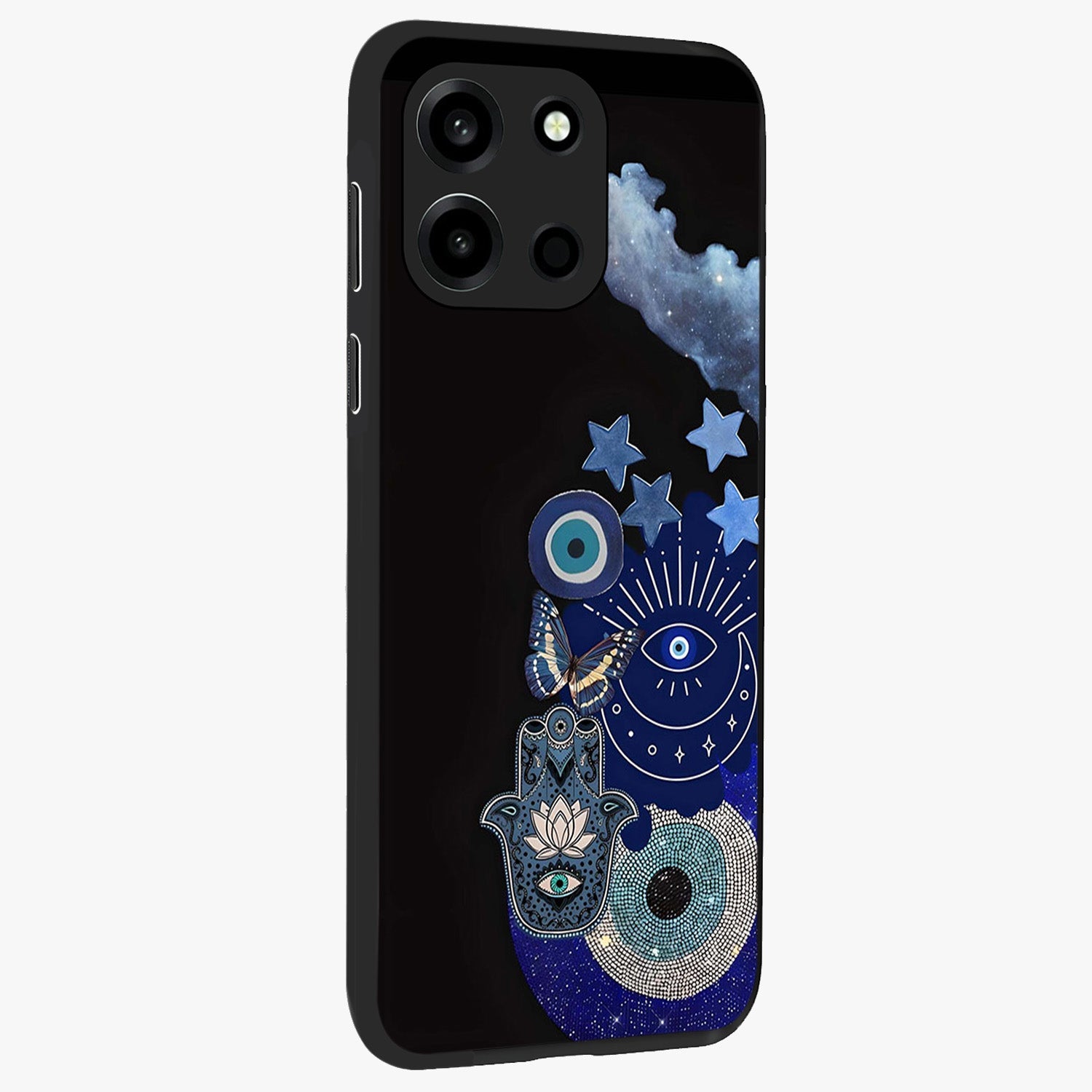 Galactic Charm Cluster Glass Case upright view showcasing glowing cosmic charm artwork with magical celestial style.