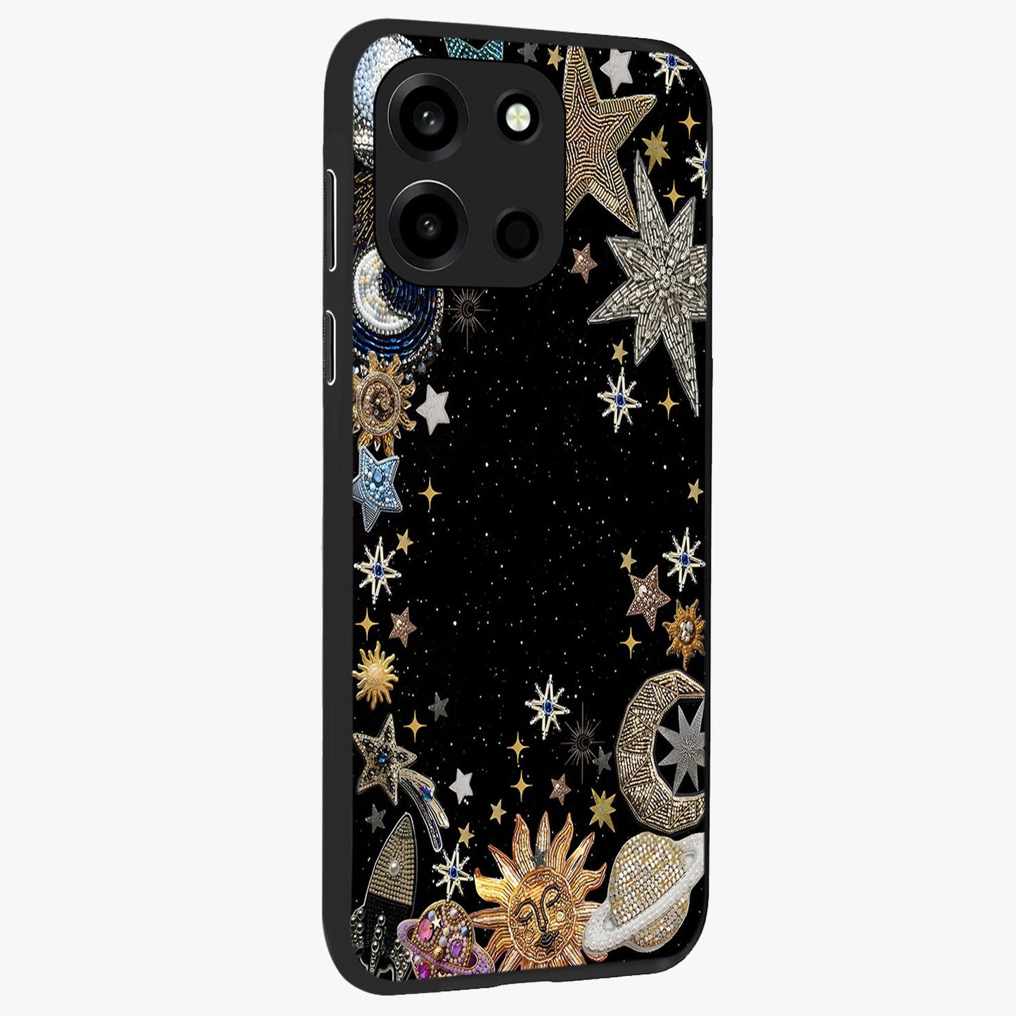 Galactic Jewel Stars Glass Case upright view showcasing glittering star jewel artwork with vibrant galaxy theme.