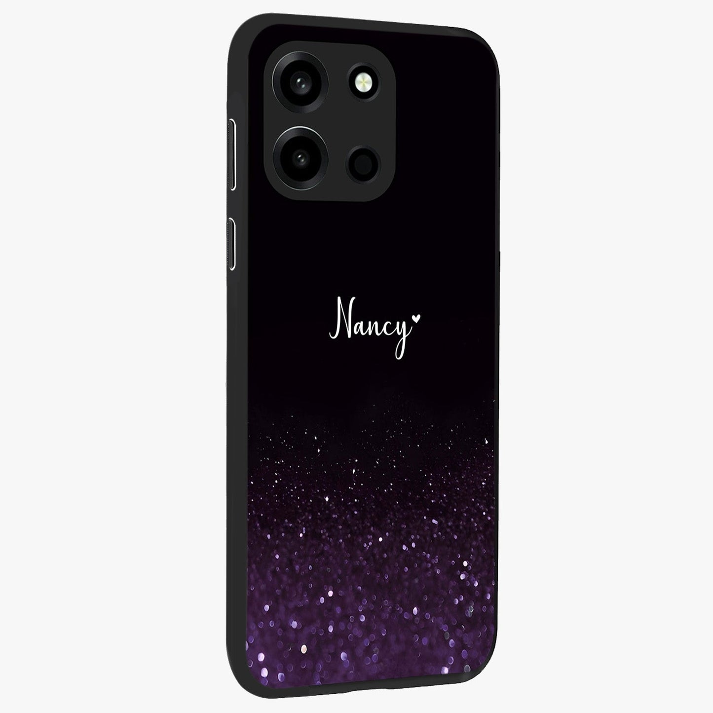 Glittery Purple Bokeh Custom Name Glass Case upright view showcasing vibrant purple sparkle artwork with personalized aesthetic style.