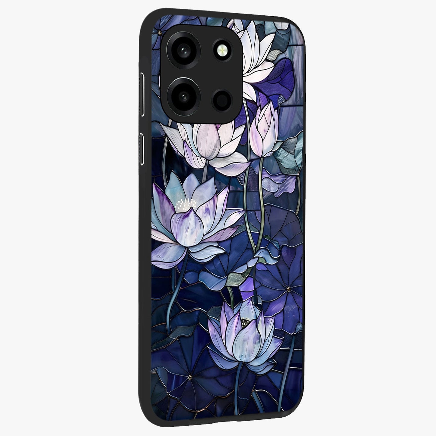 Gloss Petal Rush Glass Case upright view showcasing dynamic floral petal artwork with modern botanical theme.