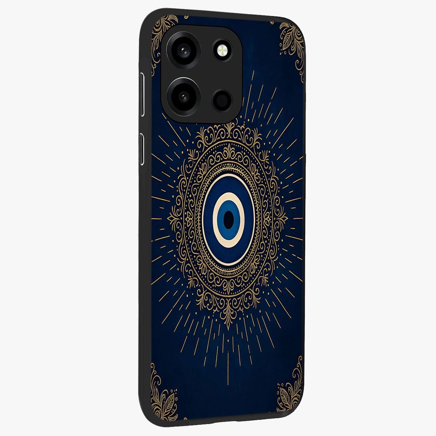 Golden Evil Eye Mandala Glass Case upright view showcasing decorative evil eye mandala artwork with spiritual aesthetic style.