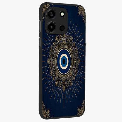 Golden Evil Eye Mandala Glass Case upright view showcasing decorative evil eye mandala artwork with spiritual aesthetic style.