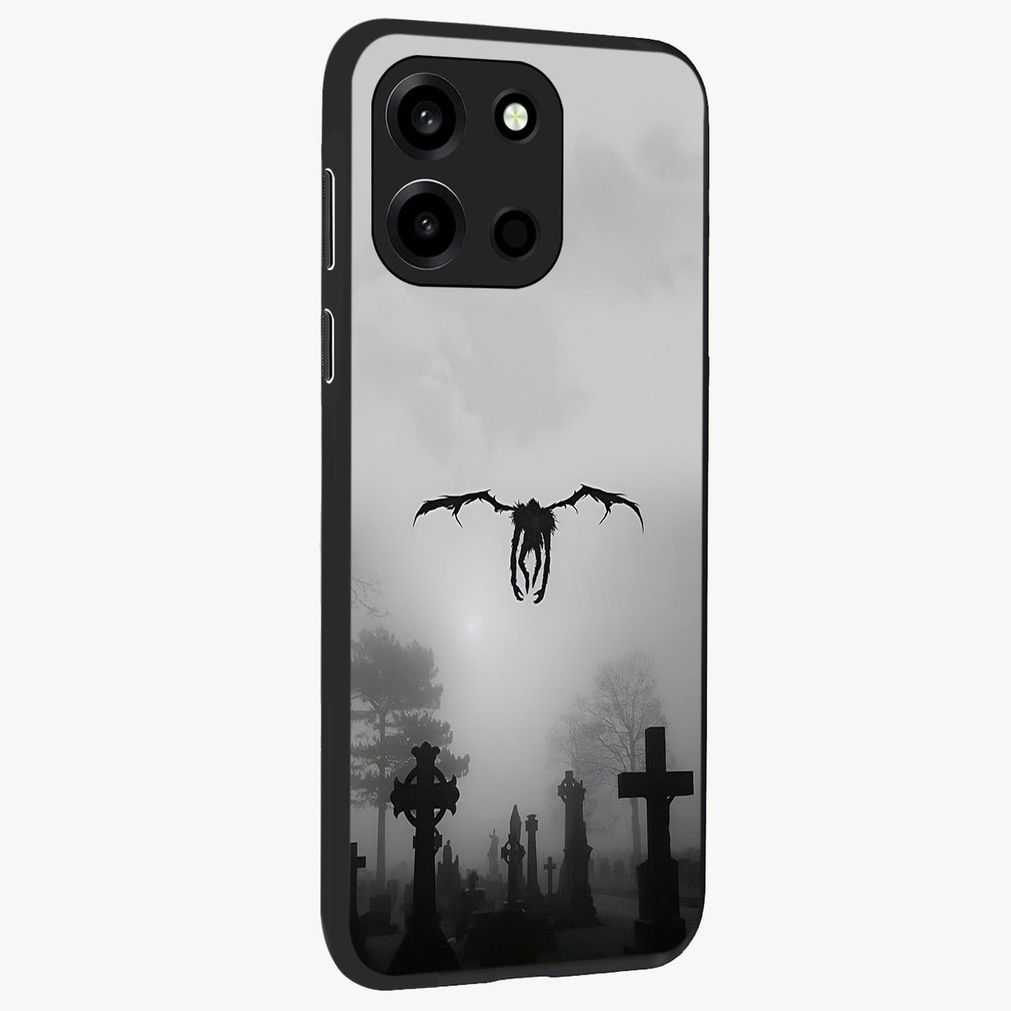 Graveyard Shadow Descent Glass Case upright view showcasing haunting graveyard artwork with dramatic dark theme.