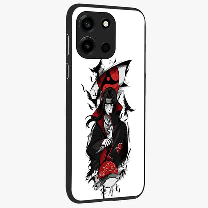 Itachi Sharingan Glass Case upright view showcasing intense anime eye artwork with bold character theme.
