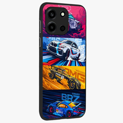 JDM Sports Car Glass Case upright view showcasing dynamic sports car artwork with bold racing theme.