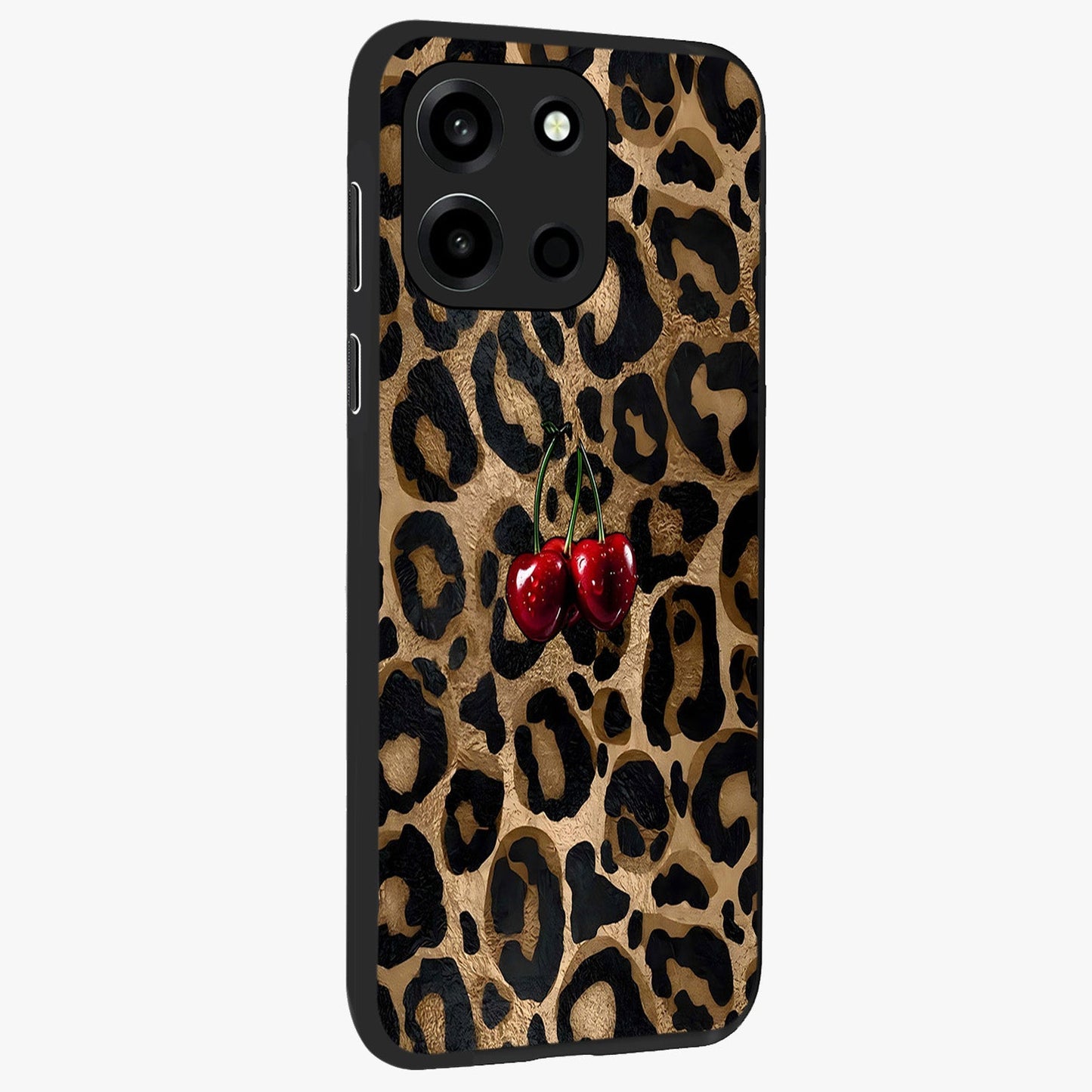 Leopard Wild Cherry Glass Case upright view showcasing stylish leopard pattern artwork with trendy fashion theme.