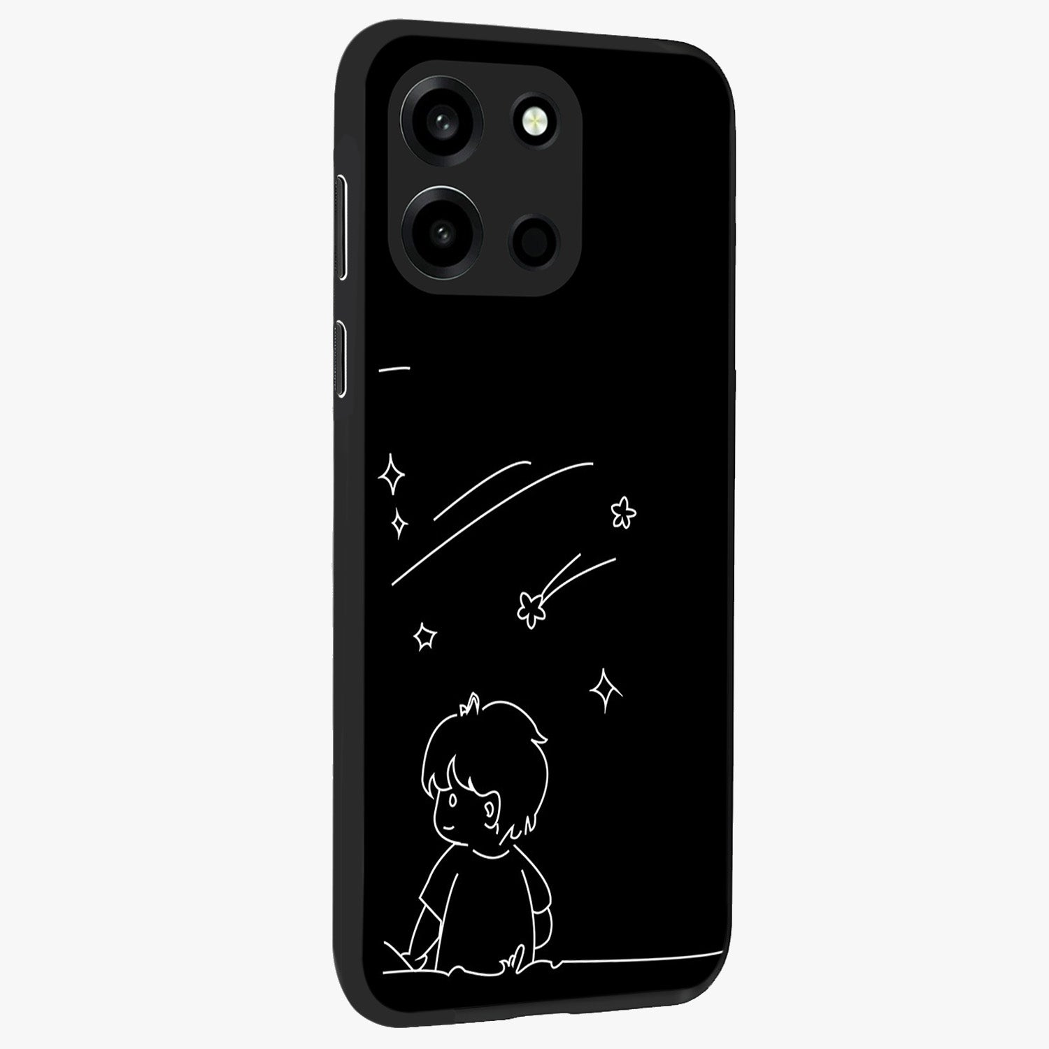 Line Art Boy With Shooting Stars Glass Case upright view showcasing artistic shooting star illustration with minimal style.