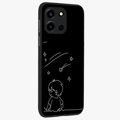 Line Art Boy With Shooting Stars Glass Case upright view showcasing artistic shooting star illustration with minimal style.