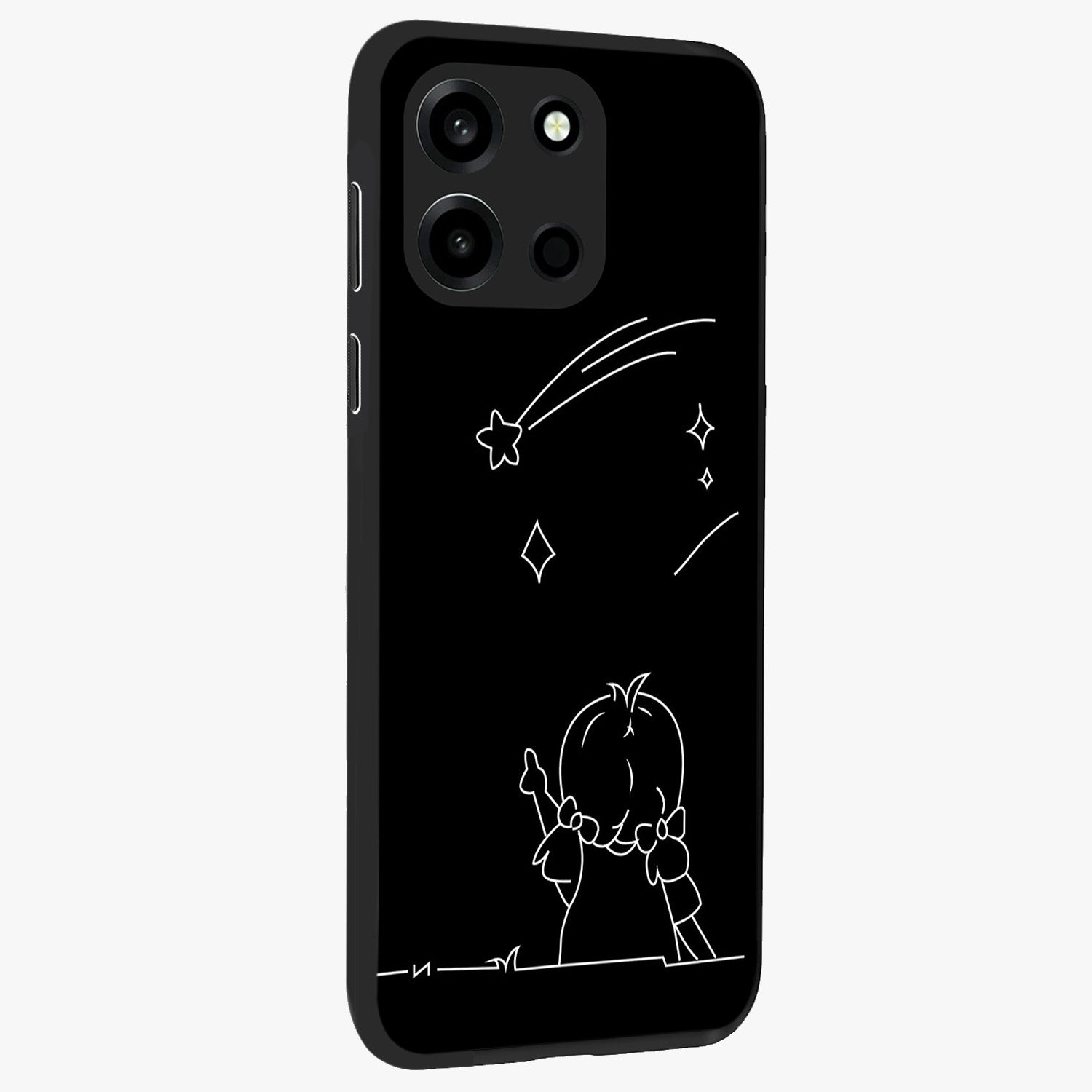 Line Art Girl With Shooting Stars Glass Case upright view showcasing delicate shooting stars artwork with minimal artistic theme.
