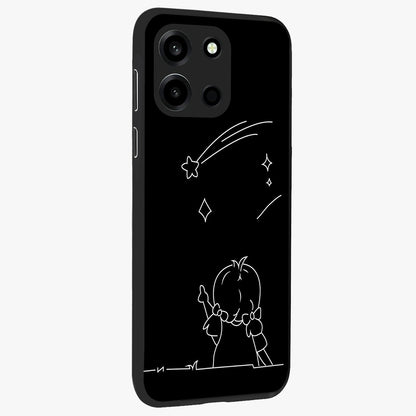 Line Art Girl With Shooting Stars Glass Case upright view showcasing delicate shooting stars artwork with minimal artistic theme.