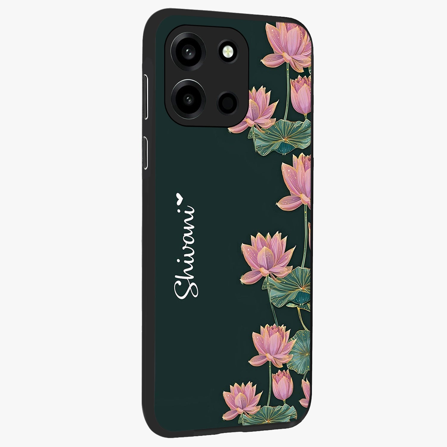 Lotus Bloom Serenity Custom Name Glass Case upright view showcasing serene lotus bloom artwork with personalized floral aesthetic.