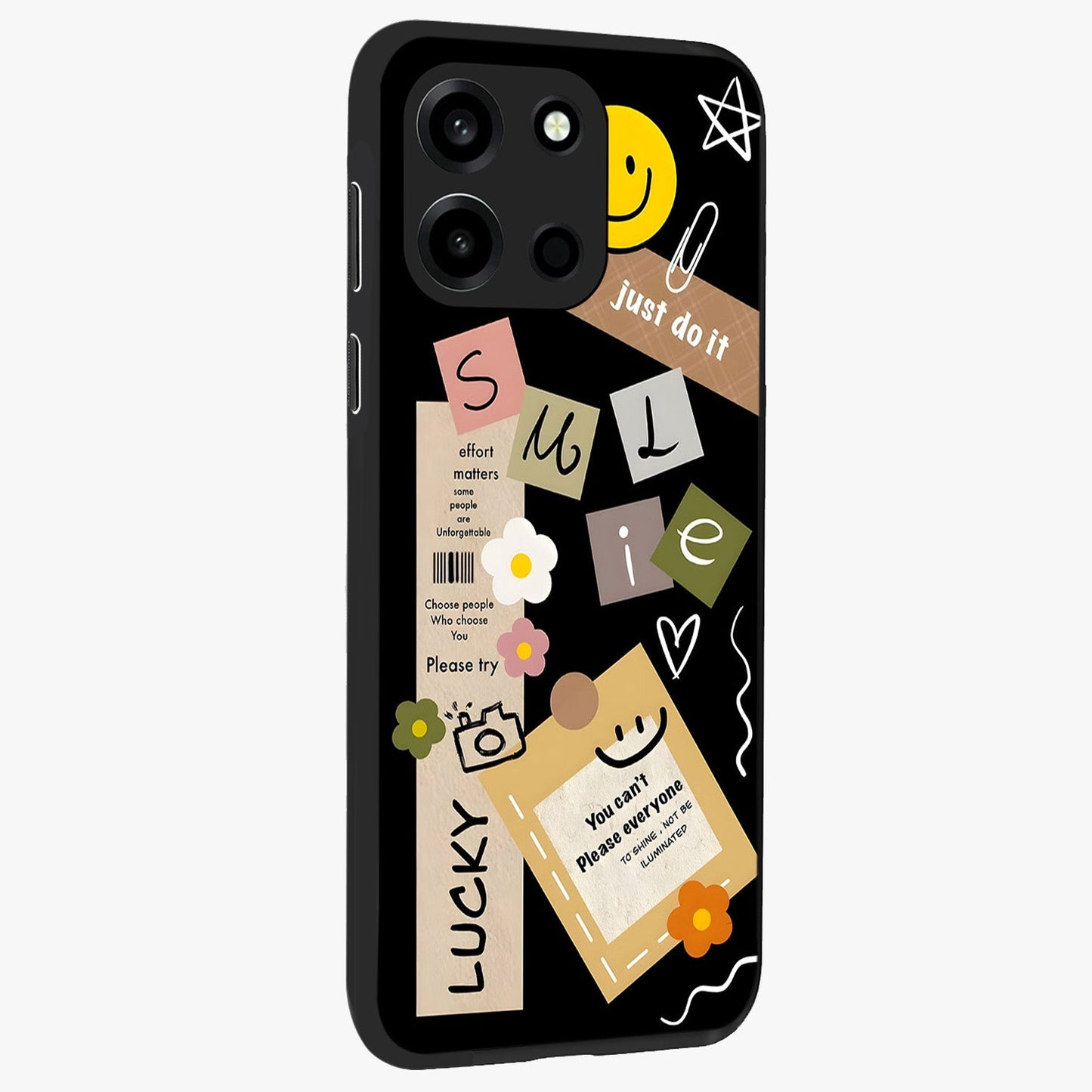 Lucky Aesthetic Collage Glass Case upright view showcasing vibrant collage artwork with youthful aesthetic theme.