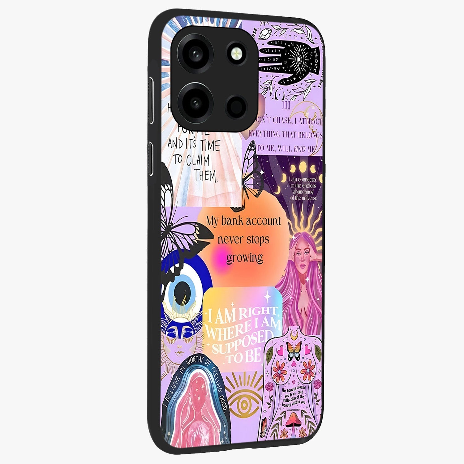 Manifestation Collage Glass Case upright view showcasing artistic manifestation themed artwork with creative style.