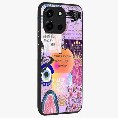 Manifestation Collage Glass Case upright view showcasing artistic manifestation themed artwork with creative style.