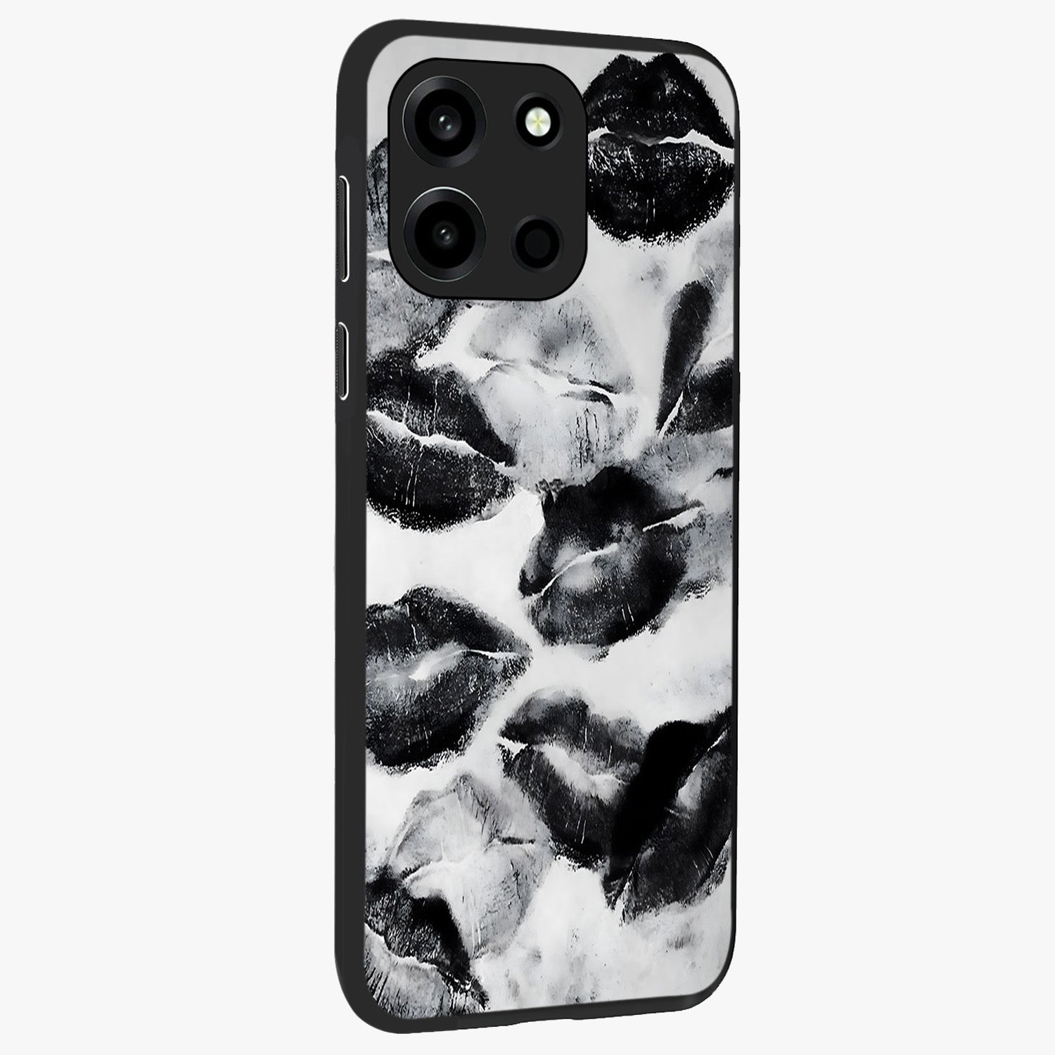 Midnight Kiss Marks Glass Case upright view showcasing stylish kiss mark artwork with trendy romantic theme.