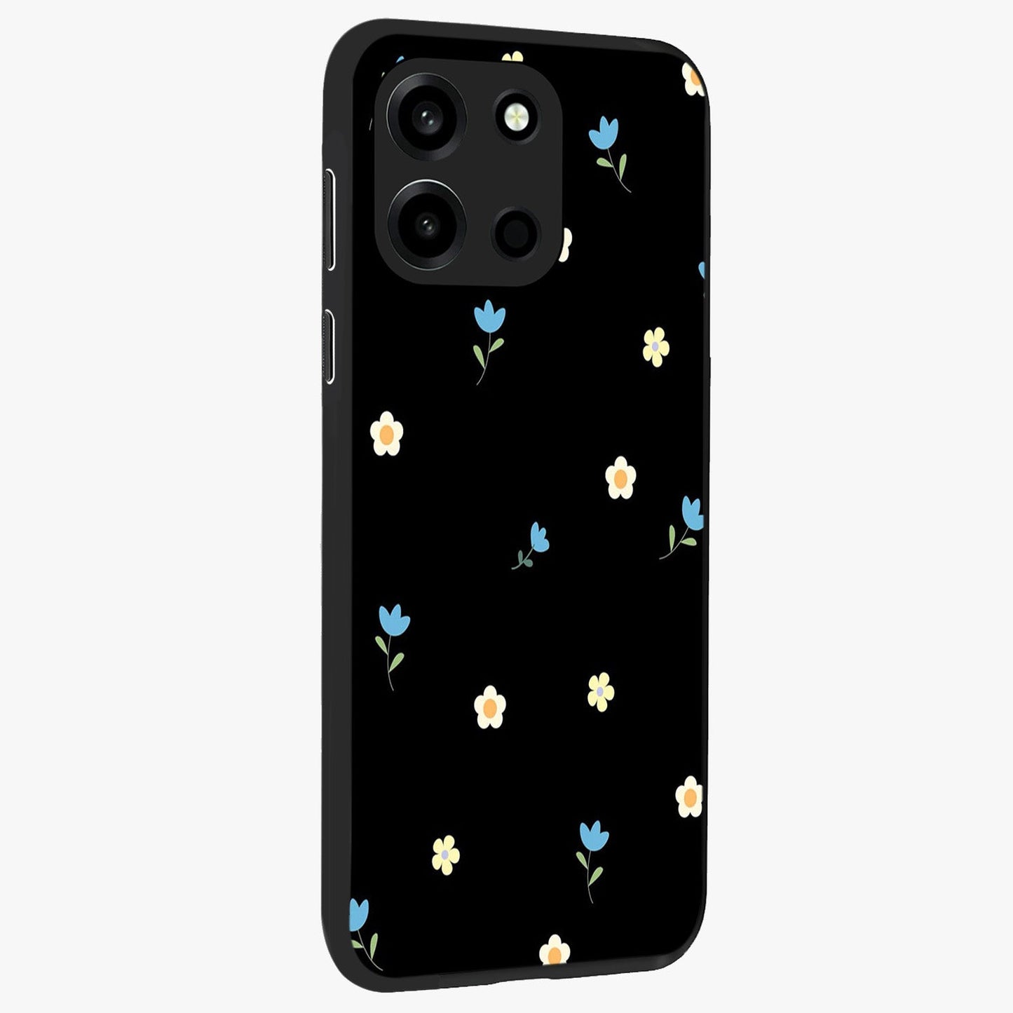 Minimalistic Blue With White Flower Pattern Glass Case upright view showcasing clean white flower artwork with calming blue theme.
