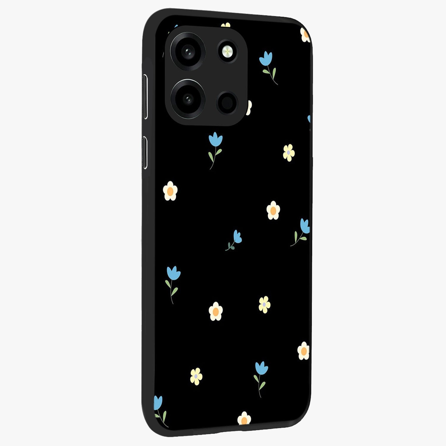 Minimal Petal Whispers Glass Case upright view showcasing elegant floral artwork with modern minimalist style.