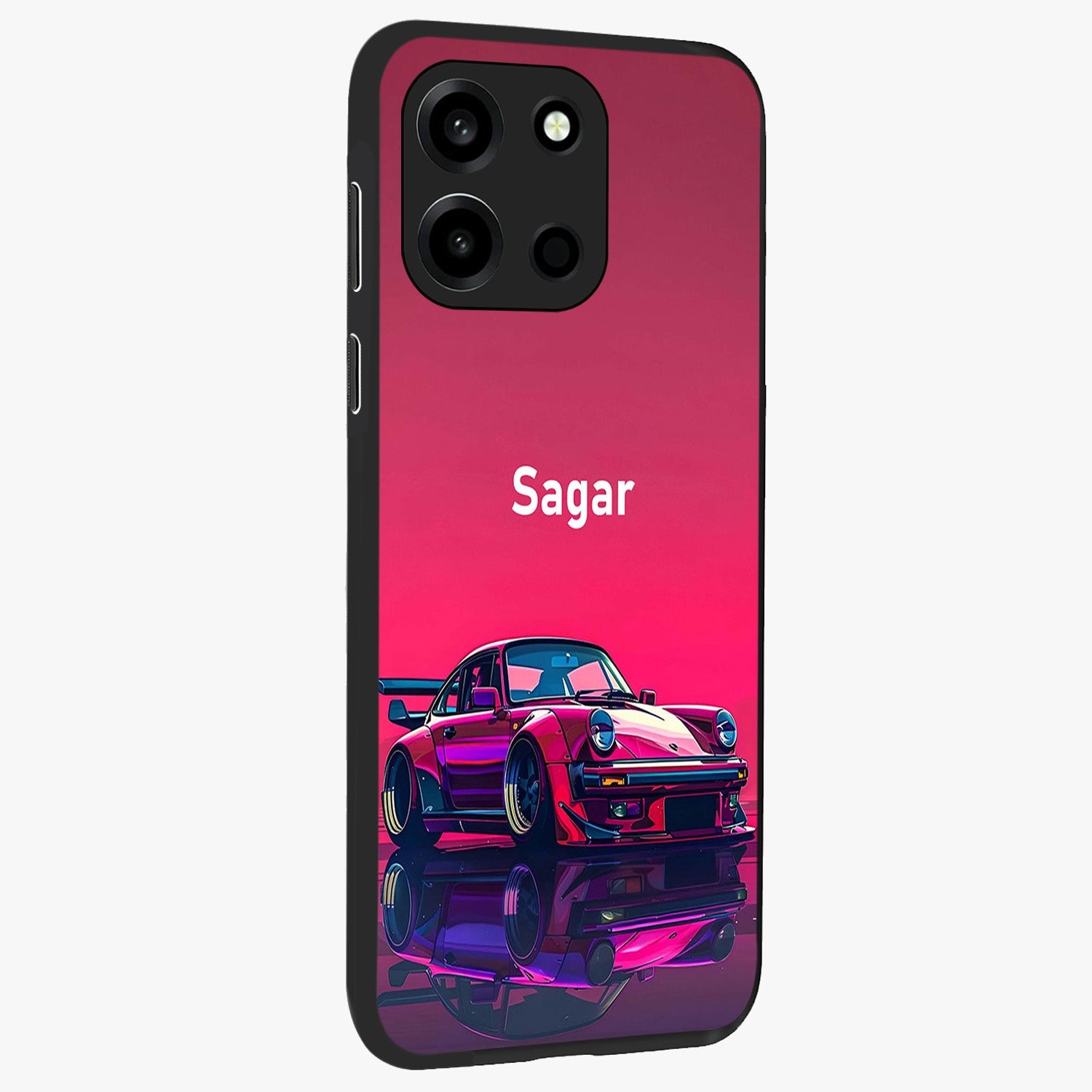 Neon Pink Porsche Glass Case upright view showcasing vibrant sports car artwork with bold automotive theme.
