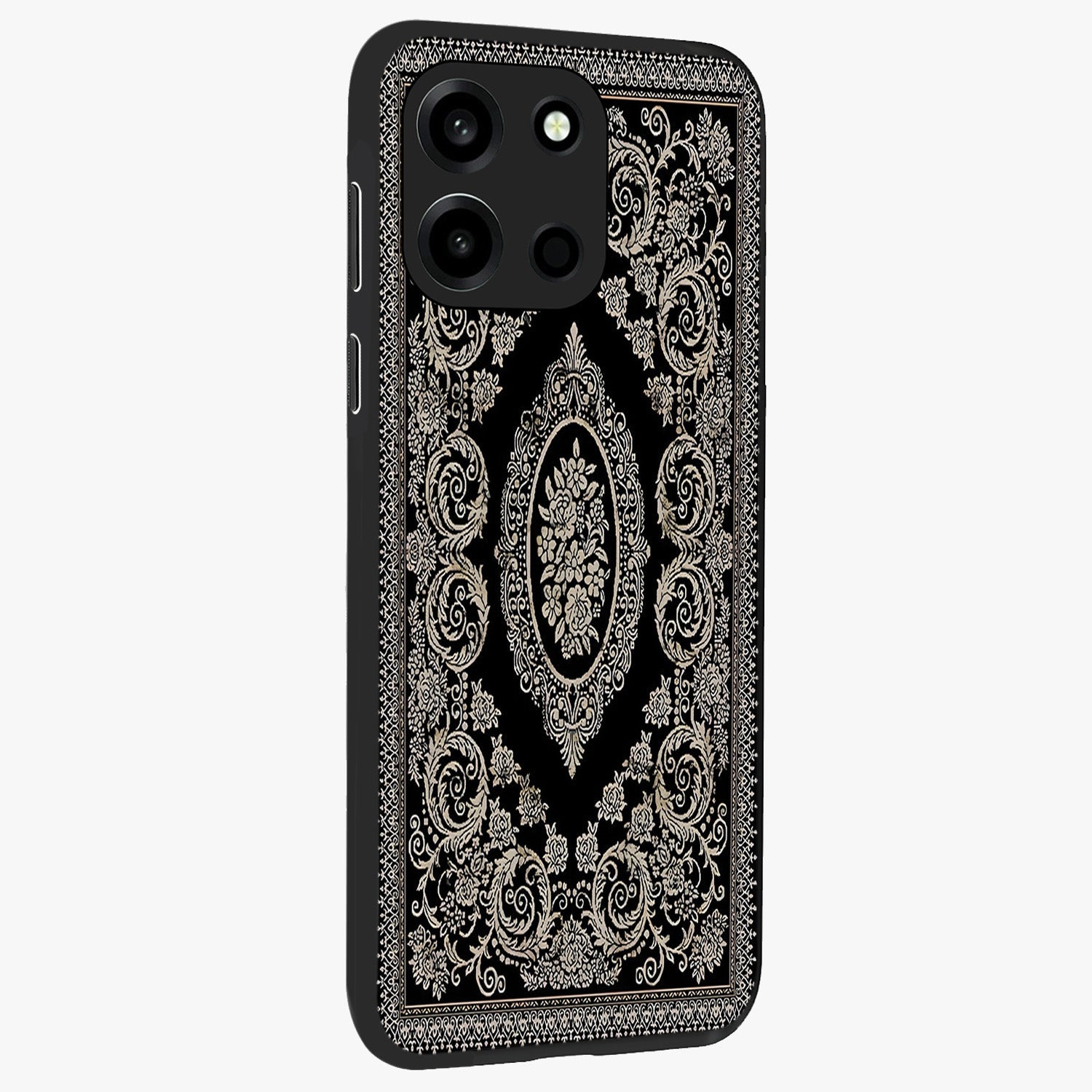 Noir Bloom Elegance Glass Case upright view showcasing graceful floral artwork with luxurious dark theme.