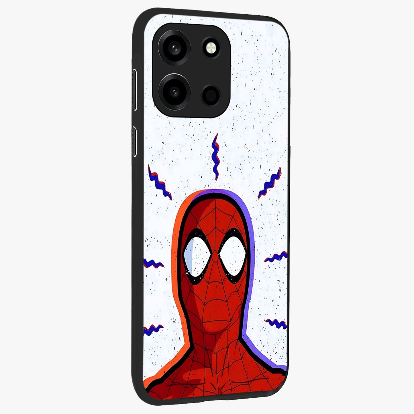 Omg Spiderman Glass Case upright view showcasing energetic superhero artwork with vibrant comic theme.