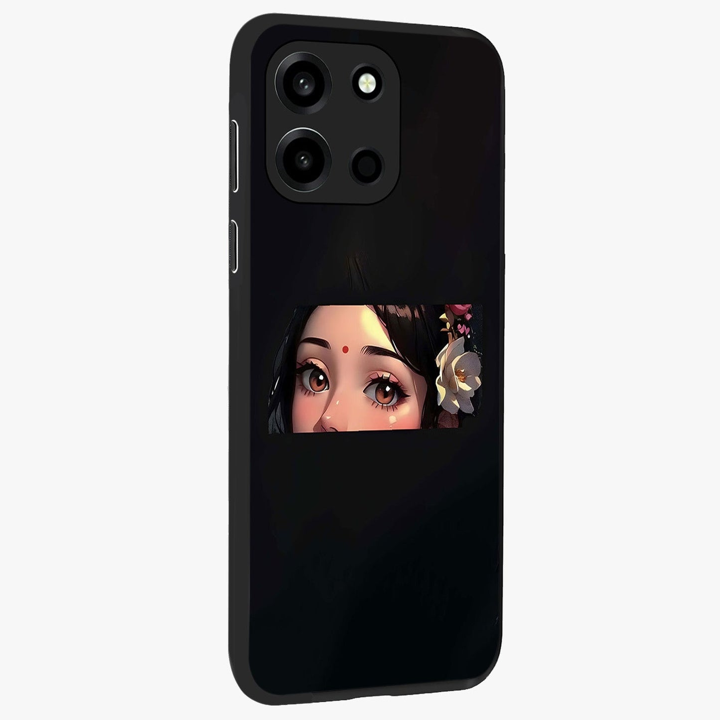 Radha Divine Embrace Glass Case upright view showcasing sacred Radha themed artwork with peaceful devotional style.