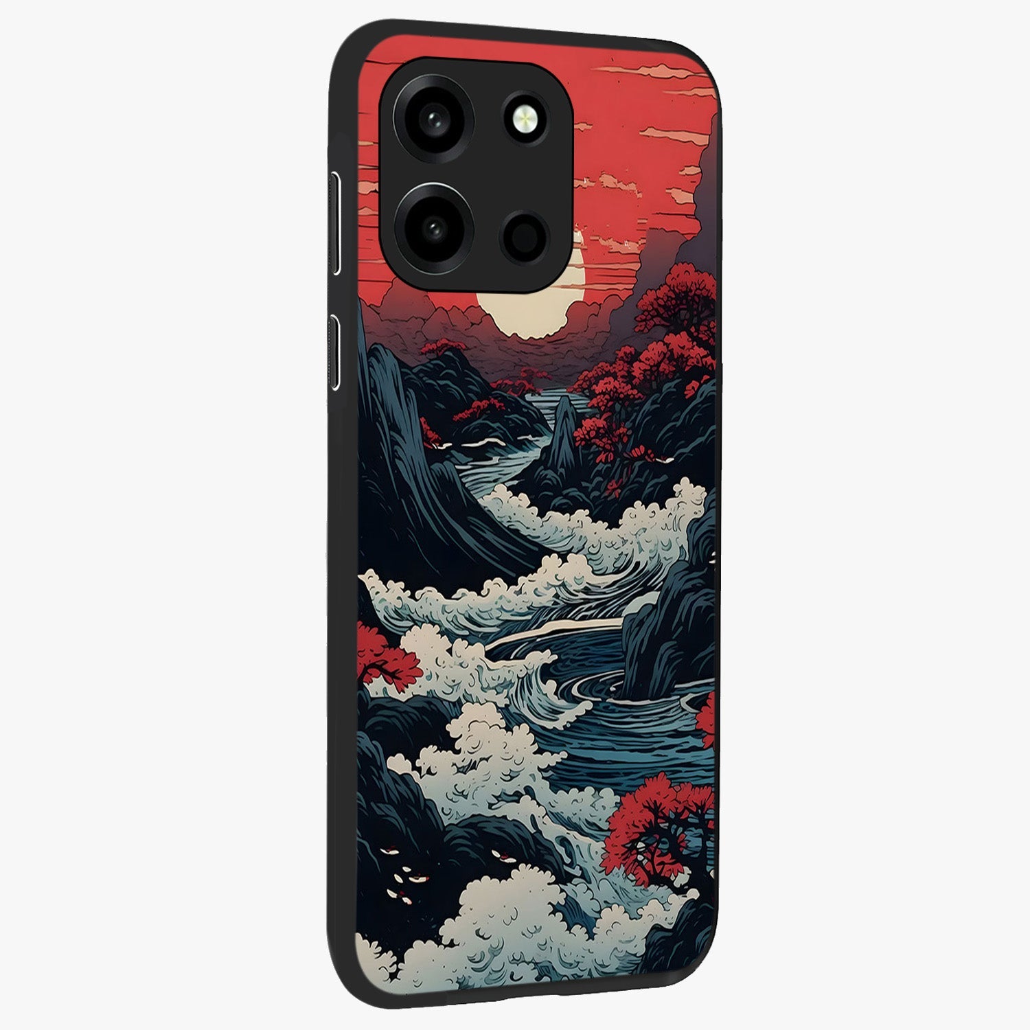 Red Sunset Scenery Glass Case upright view showcasing dramatic sunset scenery artwork with warm nature theme.