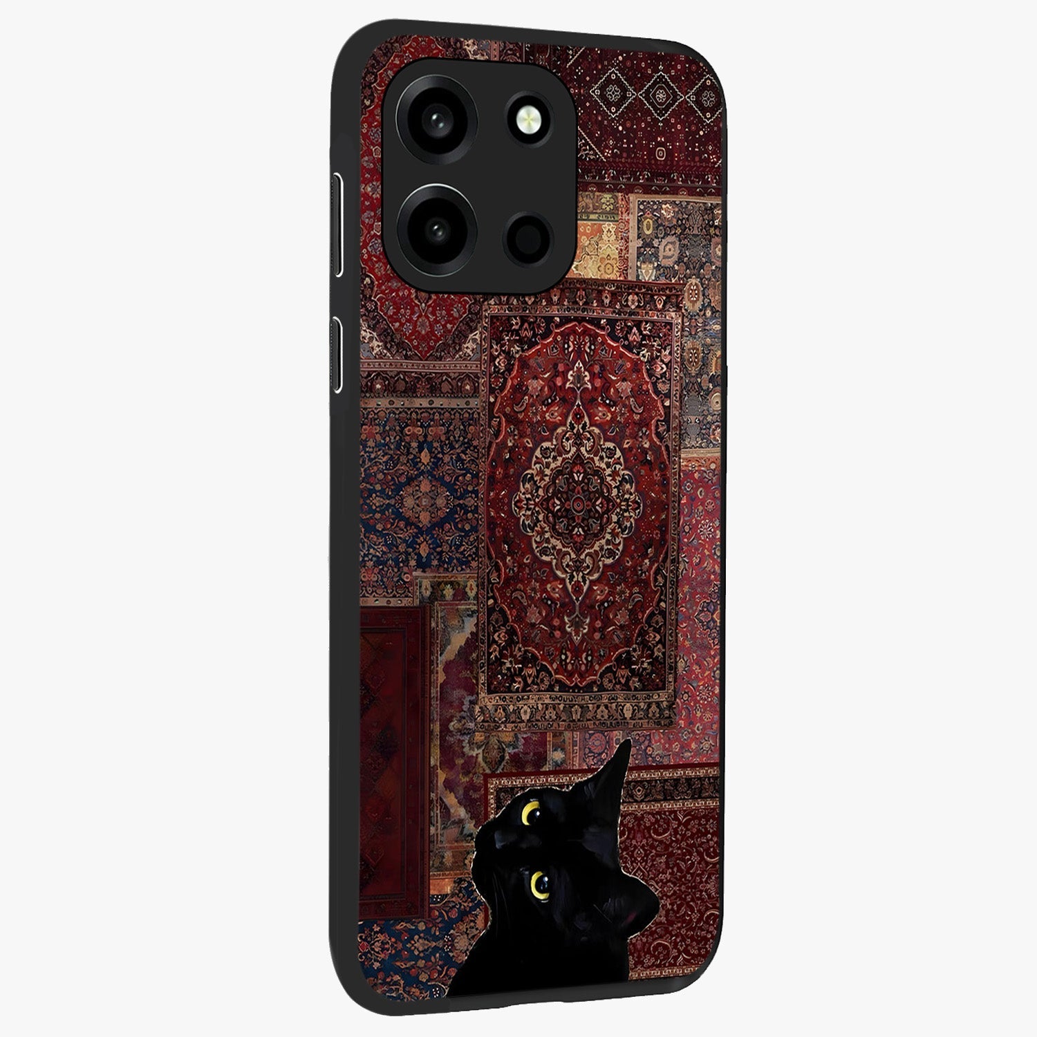 Regal Magic Cat Apple Glass Case upright view showcasing charming cat artwork with playful magical theme.