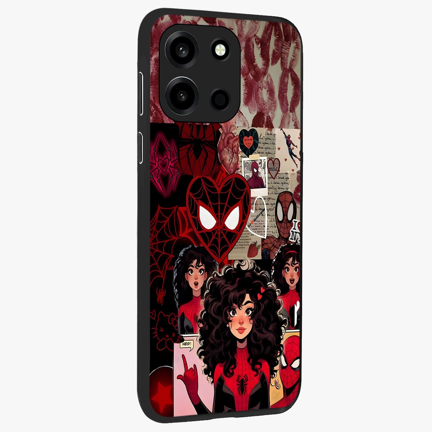 Spider Love Story Glass Case upright view showcasing charming superhero artwork with romantic comic theme.