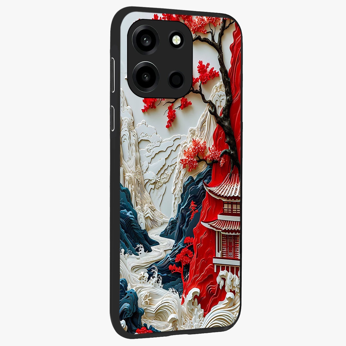Whispers Of Sakura Waves Glass Case upright view showcasing delicate cherry blossom artwork with elegant nature theme.