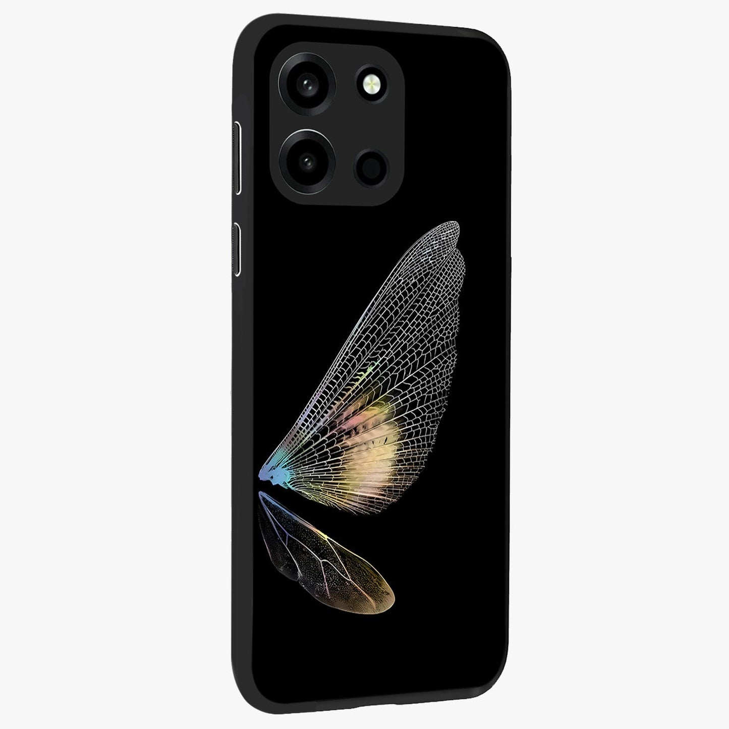 Whispers Of Wings Glass Case upright view showcasing elegant wing artwork with light airy theme.