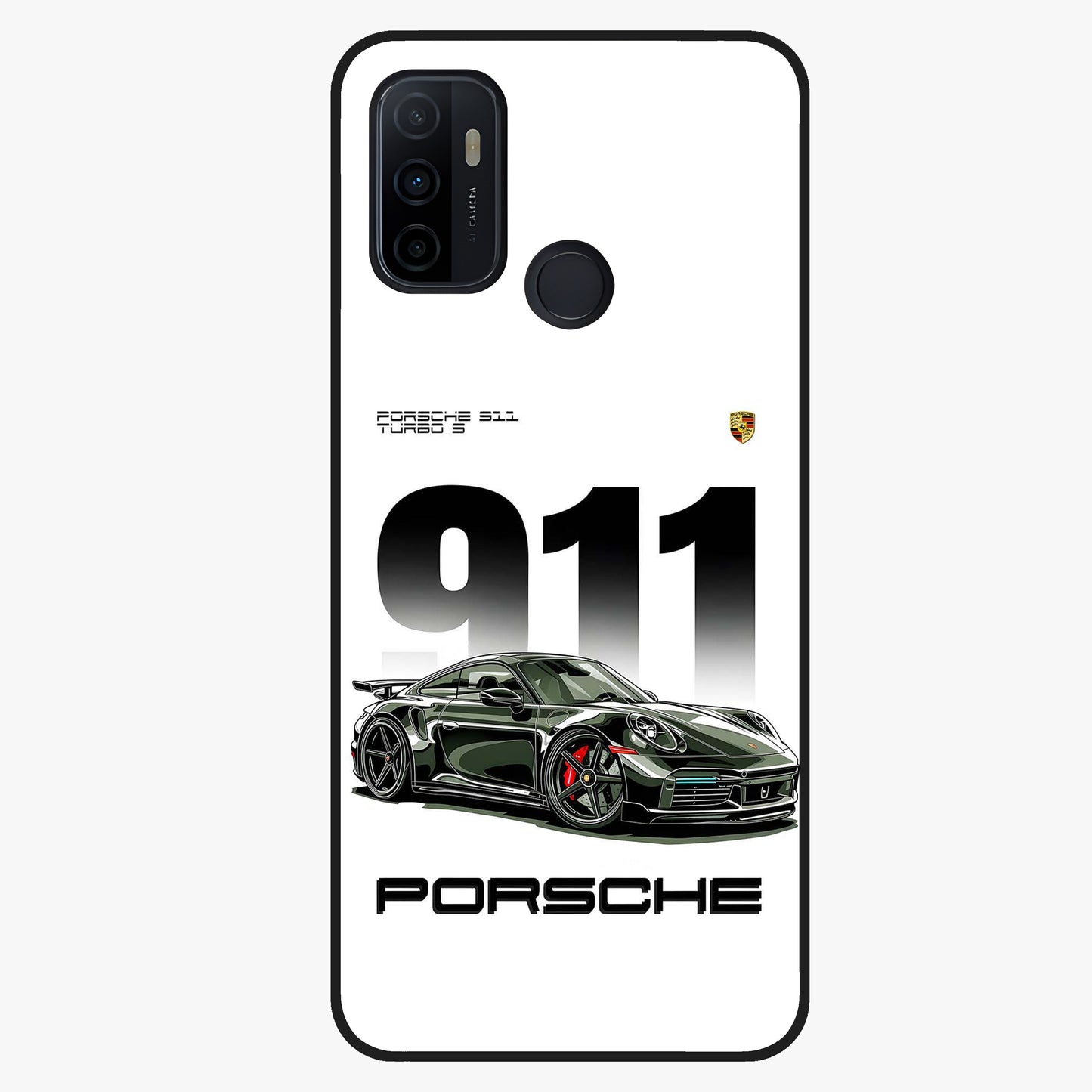 911 Turbo Dominance Glass Case showing clean flat back view with bold 911 sports car artwork and glossy glass finish.