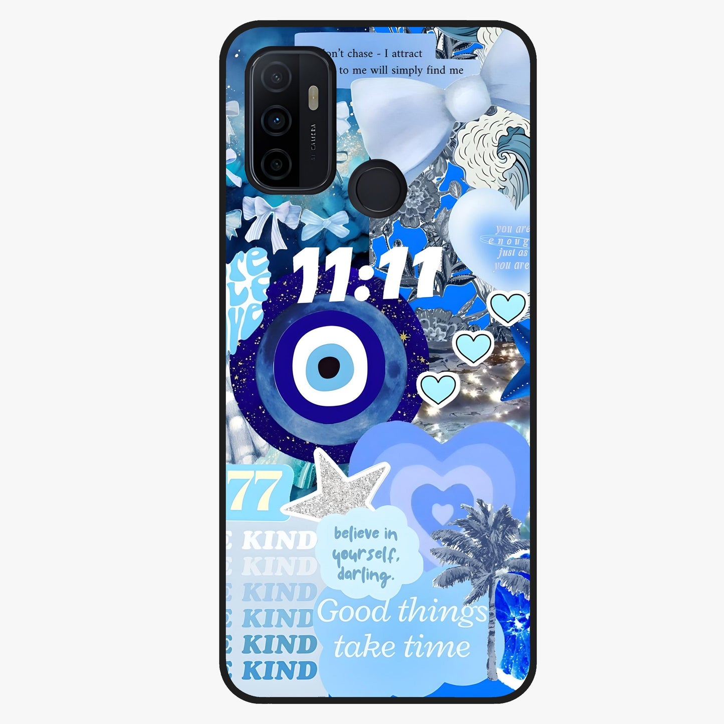 Aesthetic Be Kind Eye Glass Case showing flat back view with motivational eye artwork and glossy glass finish.