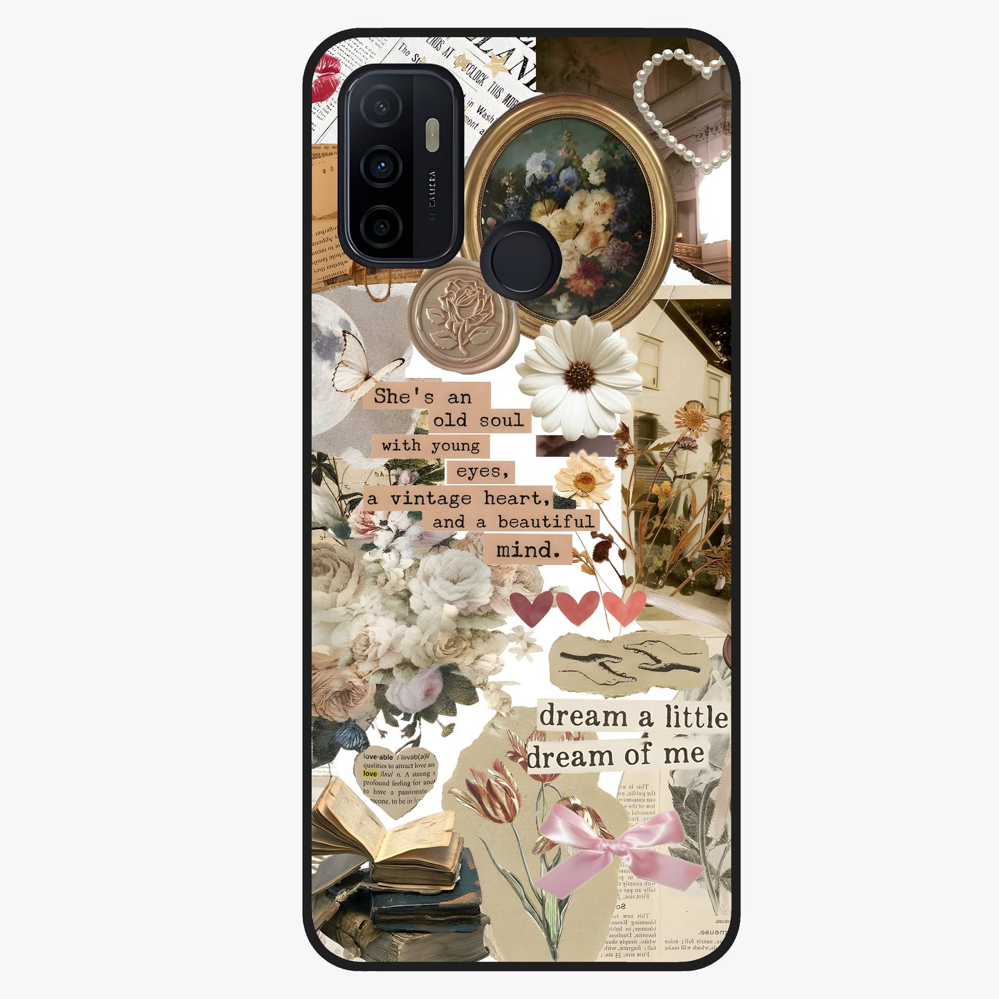 Aesthetic Brown Vintage Collage Glass Case showing flat back view with retro collage artwork and glossy glass finish.
