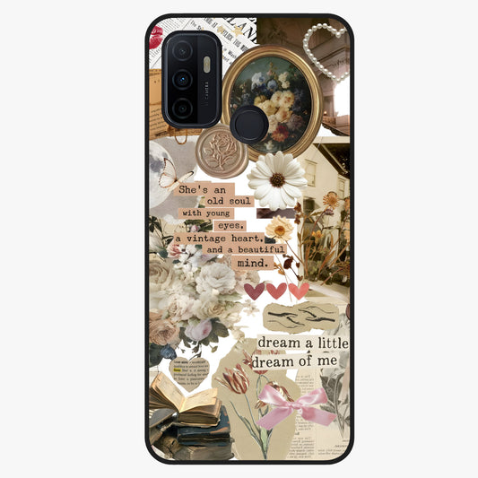 Aesthetic Brown Vintage Collage Glass Case showing flat back view with retro collage artwork and glossy glass finish.